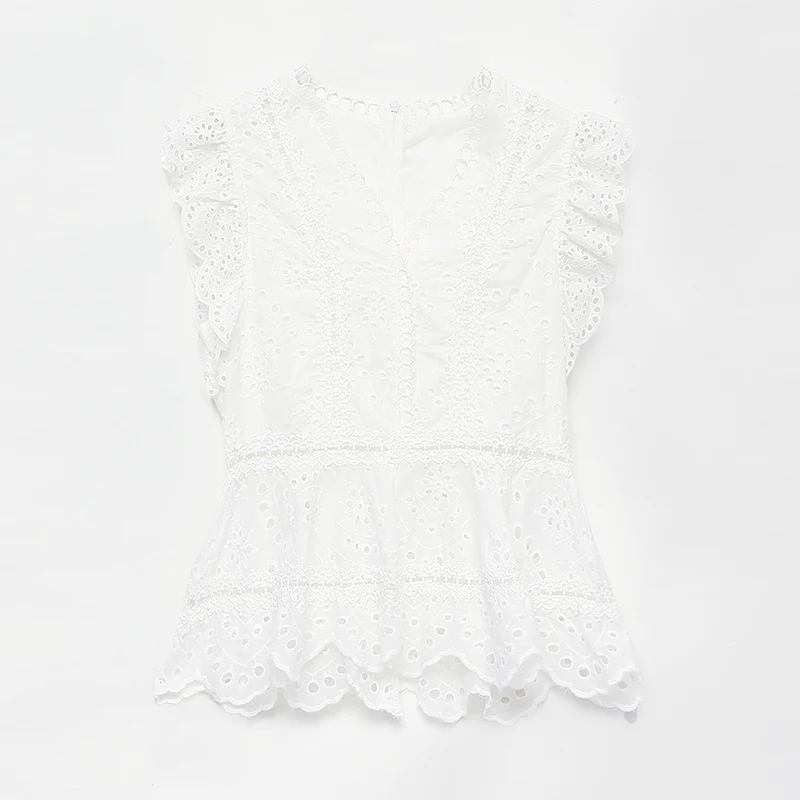 Женские топы с вырезами без рукавов Белая Кружевная блуза v-образным вырезом dames