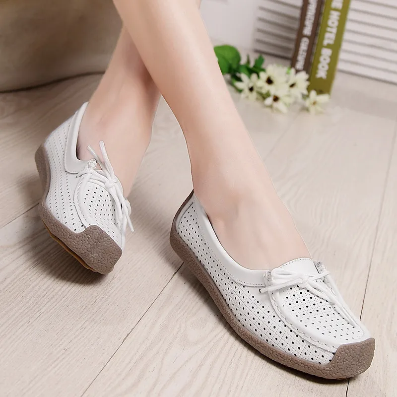 2019 Summer Women Flat Shoes Woman Genuine Leather Ladies Cutout Loafers Lace Up Ballet Flats Oxford Boat | Обувь