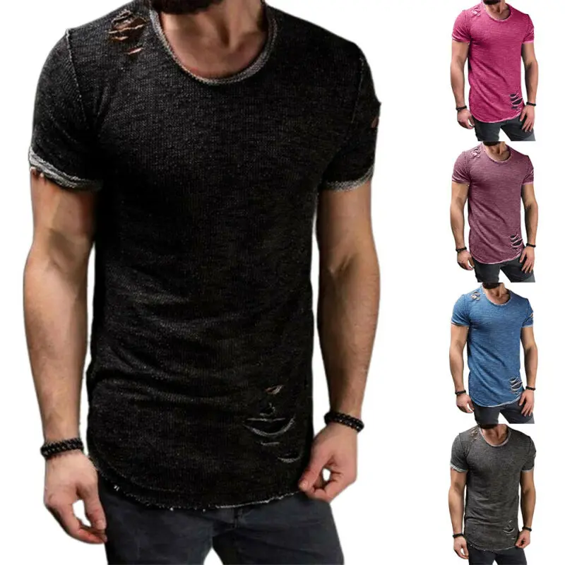 

VICABO Mens T-shirt Ripped Frayed Short Sleeve Shirt Summer Slim Holiday Tops Muscle T Shirt Men Clothing 2021