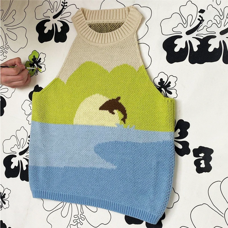 

Foridol Dolphin Print Knitted Halter Sleeveless Autumn Cropped Sweater Vest Women 2021 Short Waistcoat Harajuku Female Tops