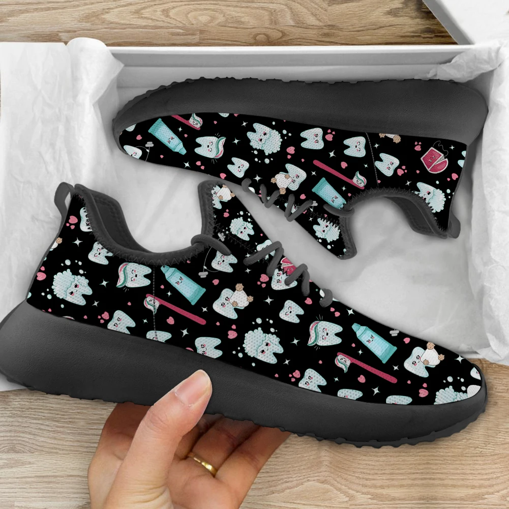 

FORUDESIGNS Teeth/Toothpaste/Dentist Cartoon Pattern Black Women Sneakers Mesh Knit Woman Casual Shoes for Girl Zapatos De Mujer