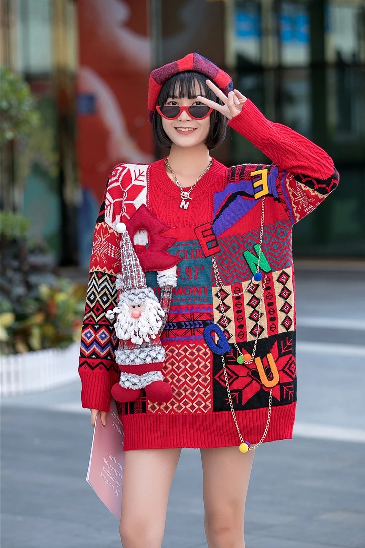 

Ladies Knitted Sweater Europe Station Retro Christmas Sweater Women's Pullover Loose Heavy Industry Knitted Jacket Trend