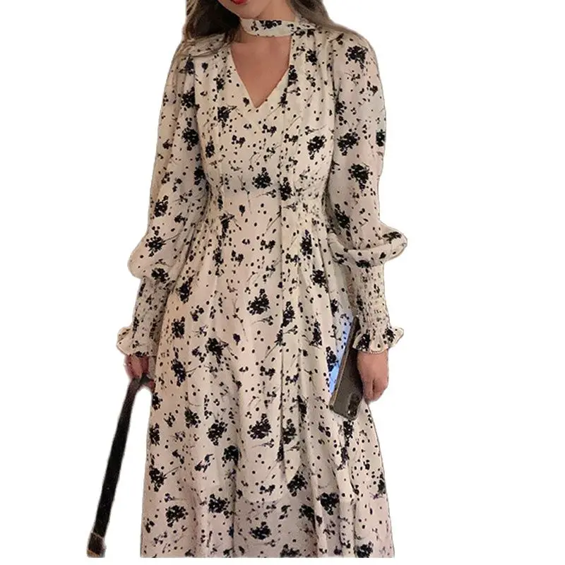 

L-4XLTemperament and elegant dress 2022 spring new V-neck print waist slim long-sleeved skirt dress fashion women's clothing