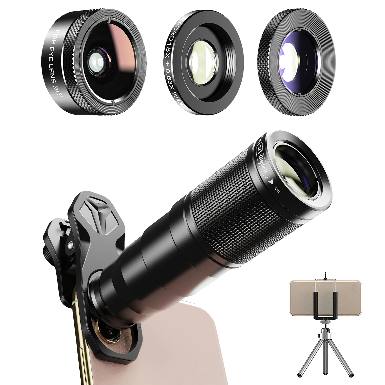 

New HD Phone Telescope 22X Lens Macro Wide Fisheye Lens With Remote Tripod Camera Lens Kit 4in1 Telephoto Zoom Monocular