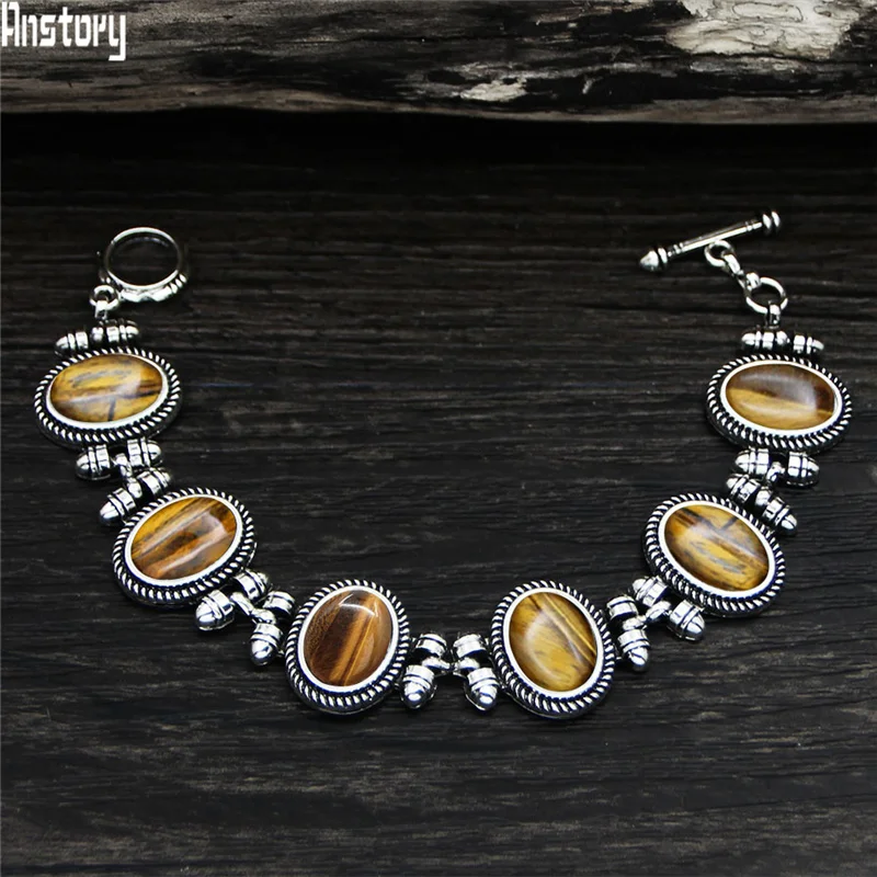 Женский браслет из тибетского серебра с овальным растением Лазуритом тигровый