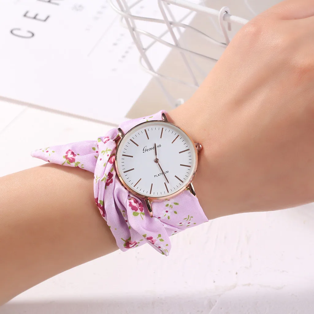 Часы наручные женские с цветочным принтом модные милые тканевым дизайном