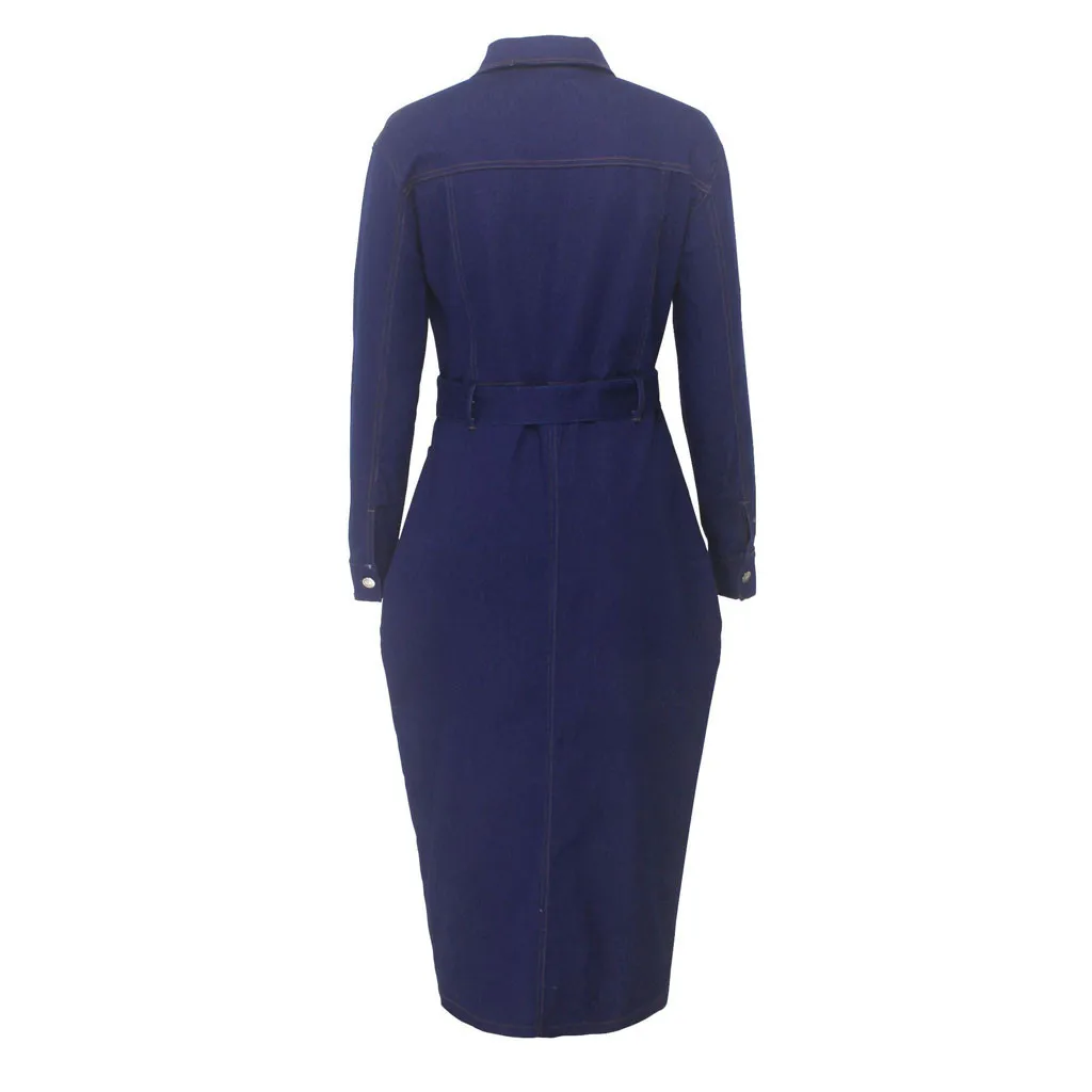 

Women Plus Size Denim Dress Spring Casual Long Sleeve Turn Down Neck Pockets Midi Dress Ladies Sashes Button Solid Dresses Robe