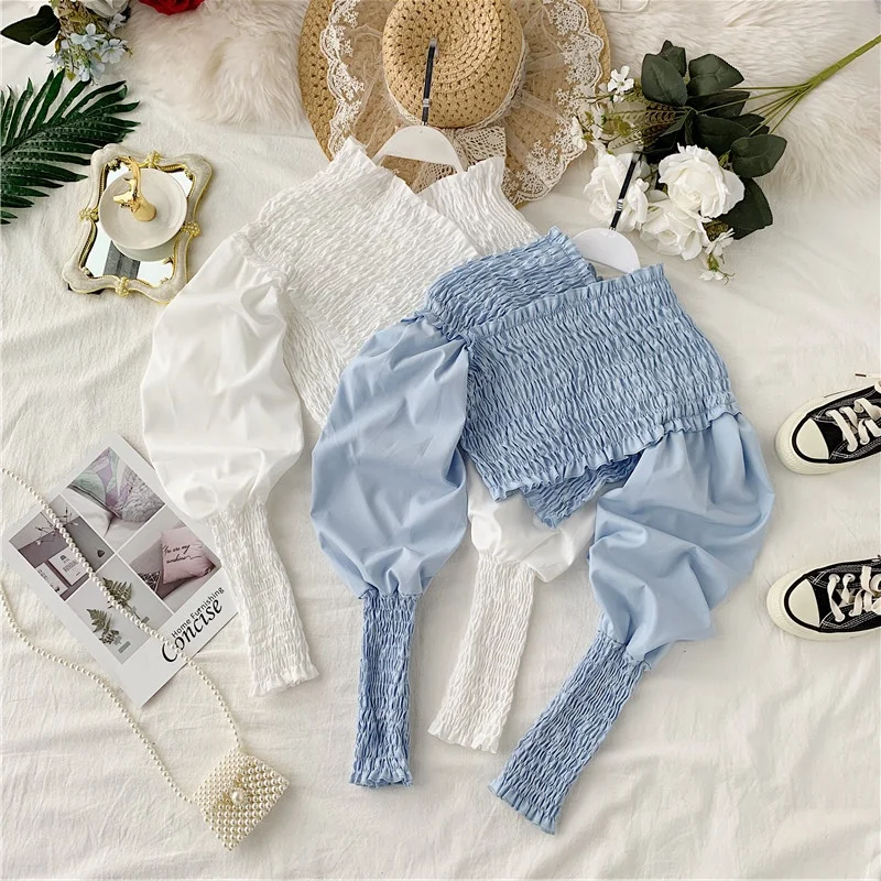 Женская короткая блузка с длинным рукавом однотонная Тонкая высокой талией и