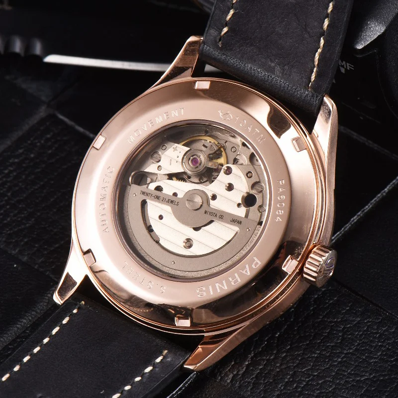 Мужские Водонепроницаемые механические часы с автоматической датой и кожаным