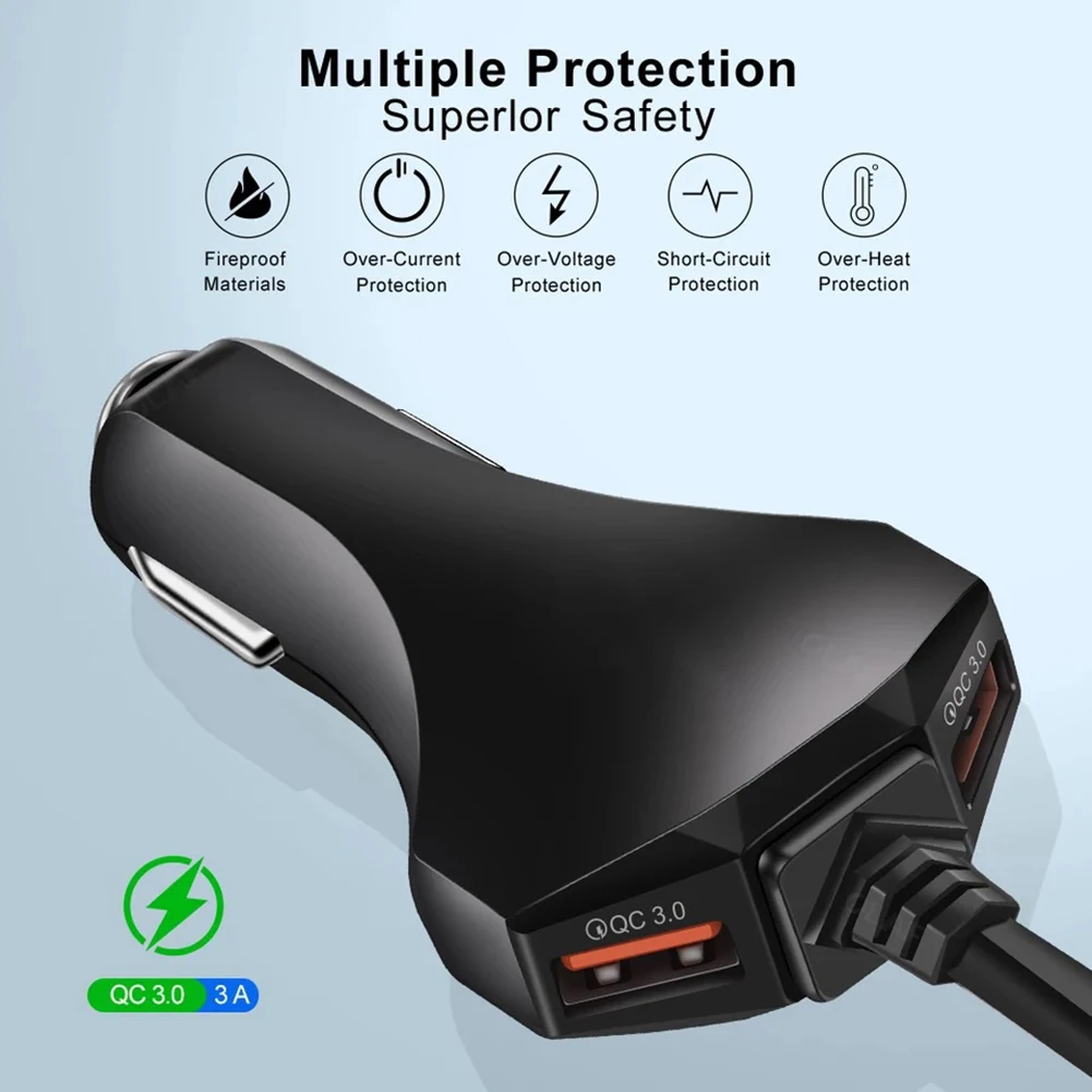 

4 In 1 Car Charger Car Lighter Charger Adapter QC3.0 Fast Charge Multi USB Car Charger Front and Back Seat Vehicle Charger