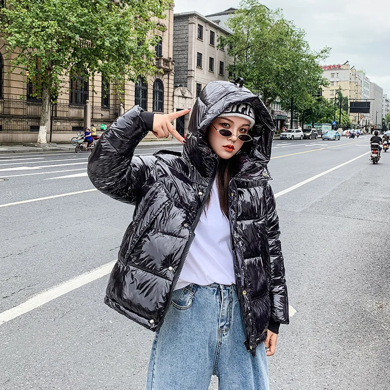 

Winter Down Cotton Padded Jacket female 2020 han pure color bright face with thick loose winter padded jacket coat sizes 1911