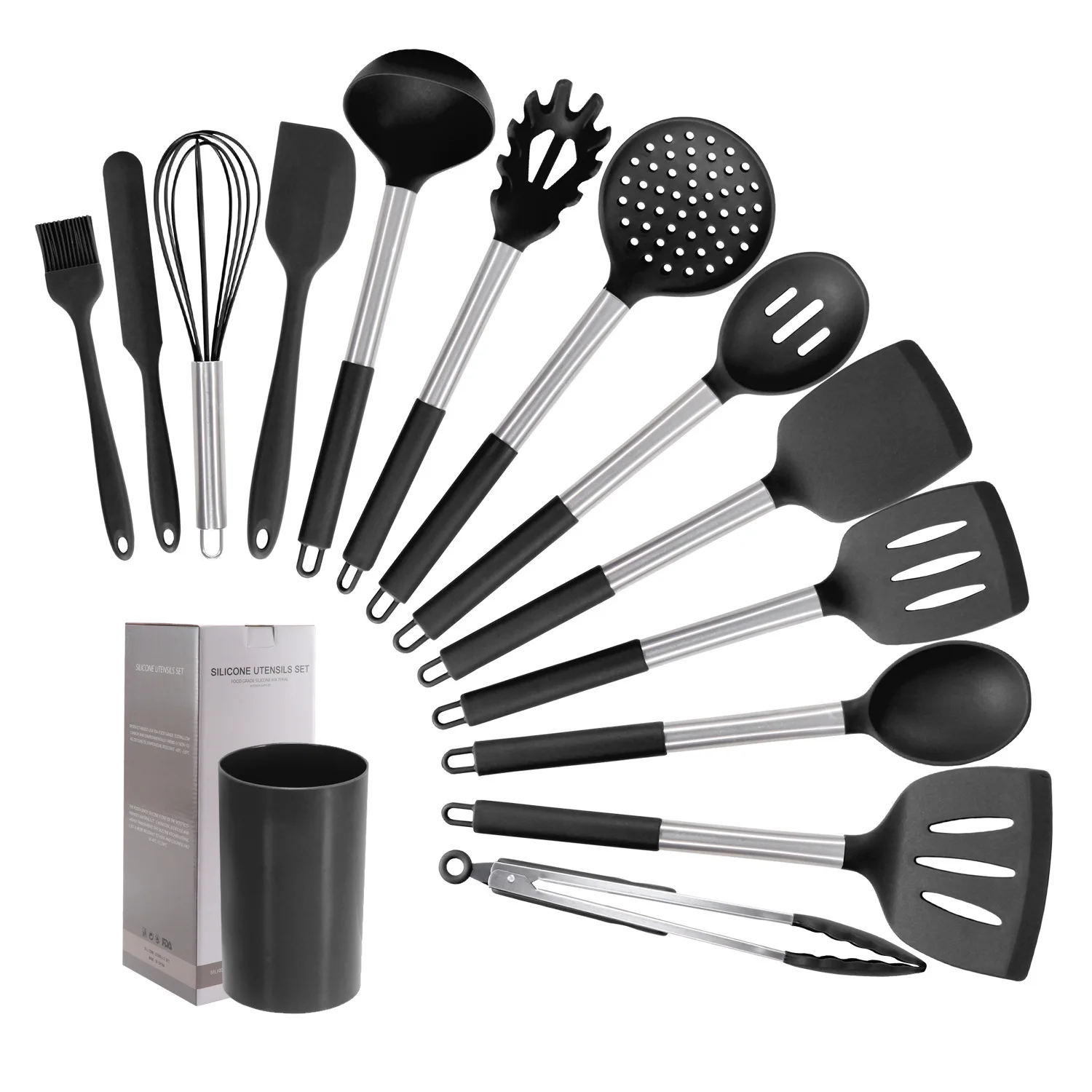

NEW Silicone Kitchen Utensils Set Cooking Heat Resistant Non-stick Silicone Utensil Set with Stainless Steel Handle BPA-Free