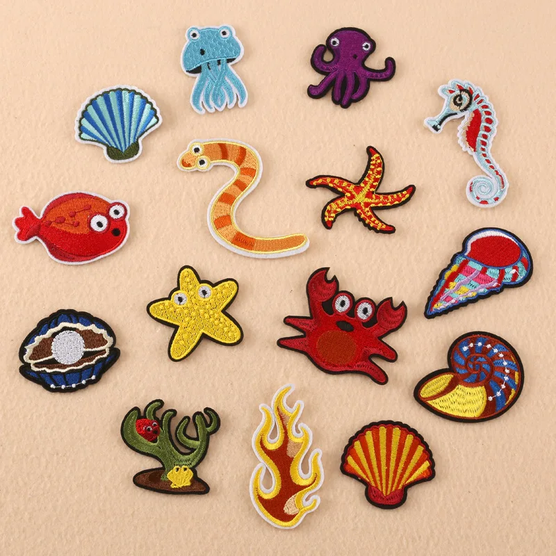 

50pcs/Lot Seafood Animal Embroidery Patches Letters Clothing Decoration Accessories Diy Iron Heat Transfer Applique Cute Patch