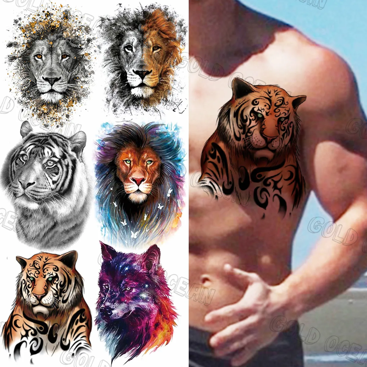 Тату временные для мужчин и взрослых Cool Tiger King Реалистичная наклейка татуировка