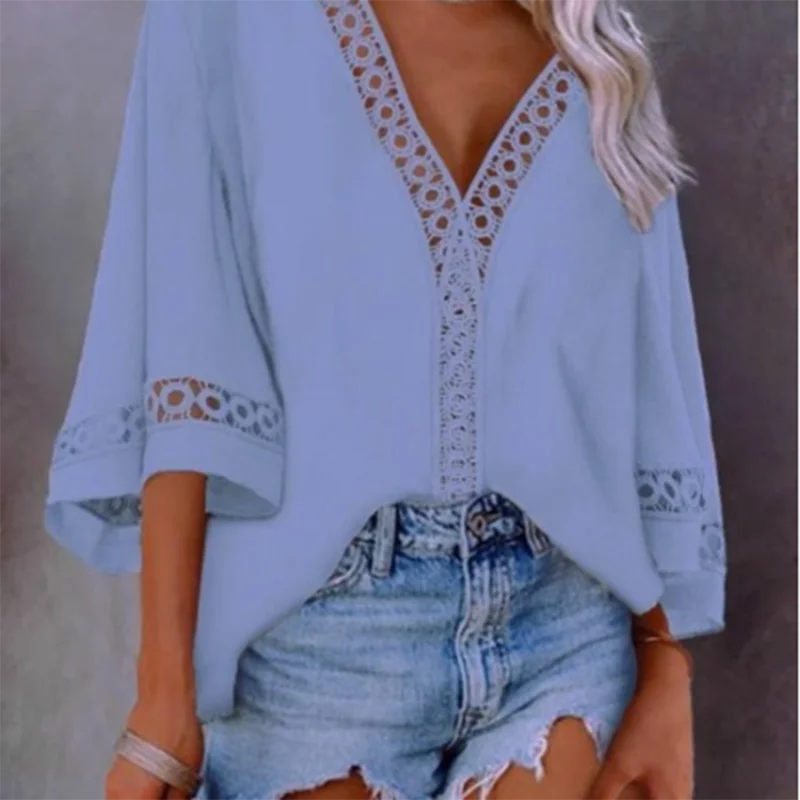 

Large size loose casual womens blouse 2021 summer women shirt lace deep V-neck Solid color versatile hollow Pullover Top shirt