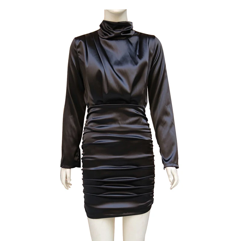 

Women Dress Fashion Pleated Half High Collar Sexy Long Sleeve Female 2021 New Summer Solid Close Up Slim Mini Hip Dress