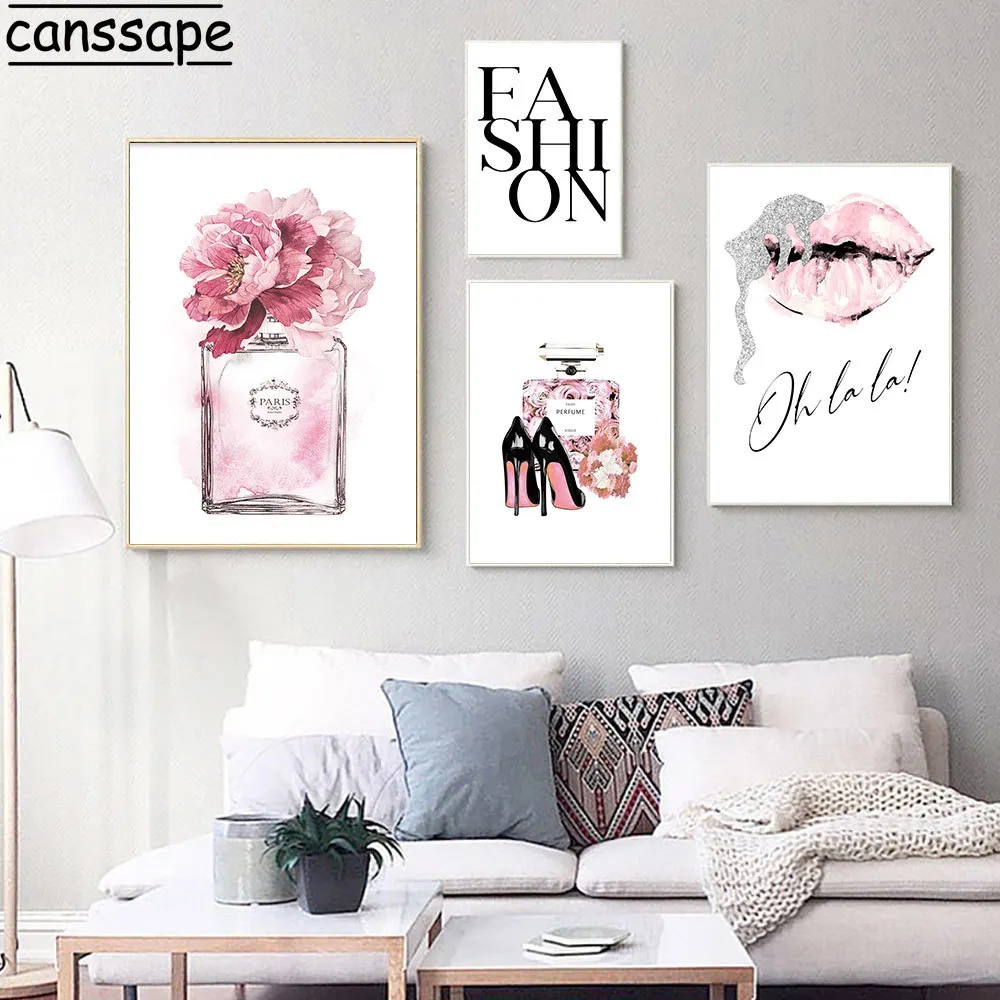 Картина на холсте с розовыми духами постер высоких каблуках принтом губ