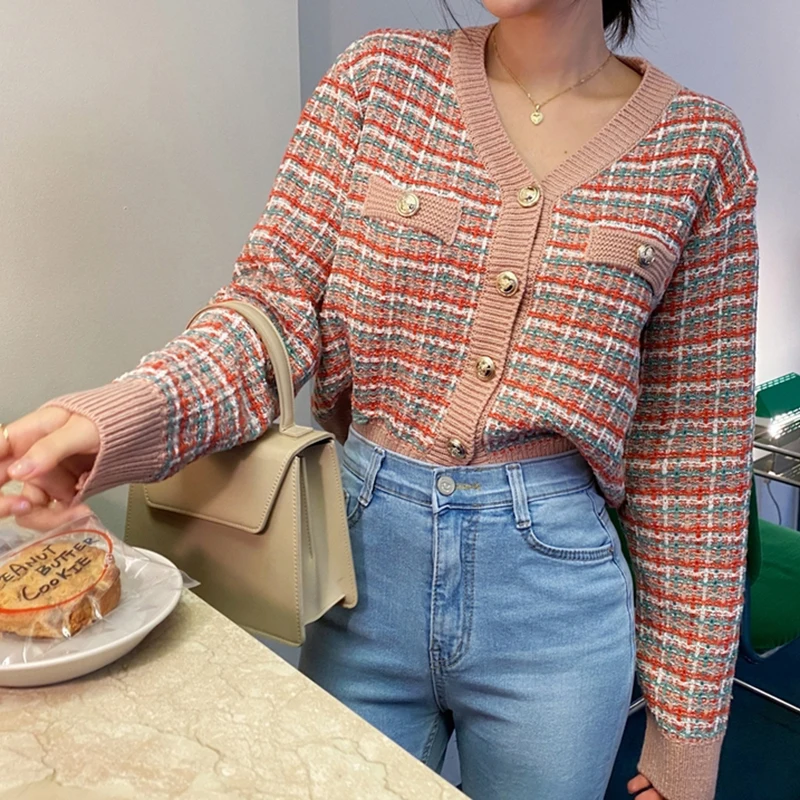 Женский однобортный джемпер в клетку Красный винтажный кардиган свободного