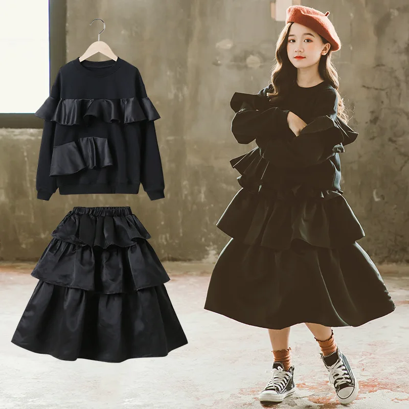 

Loose Spring Autumn Teens Children Clothes Baby Girls Suit Sweatshirts + Dress Kids Toddler Outwear High Quality