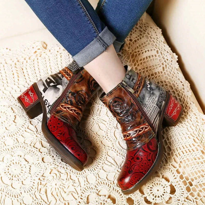 

Embossed Boots Rose PU Leather Splicing Low Heel Ankle Boots Elegant Ladies Shoes Women Shoes Botas Mujer