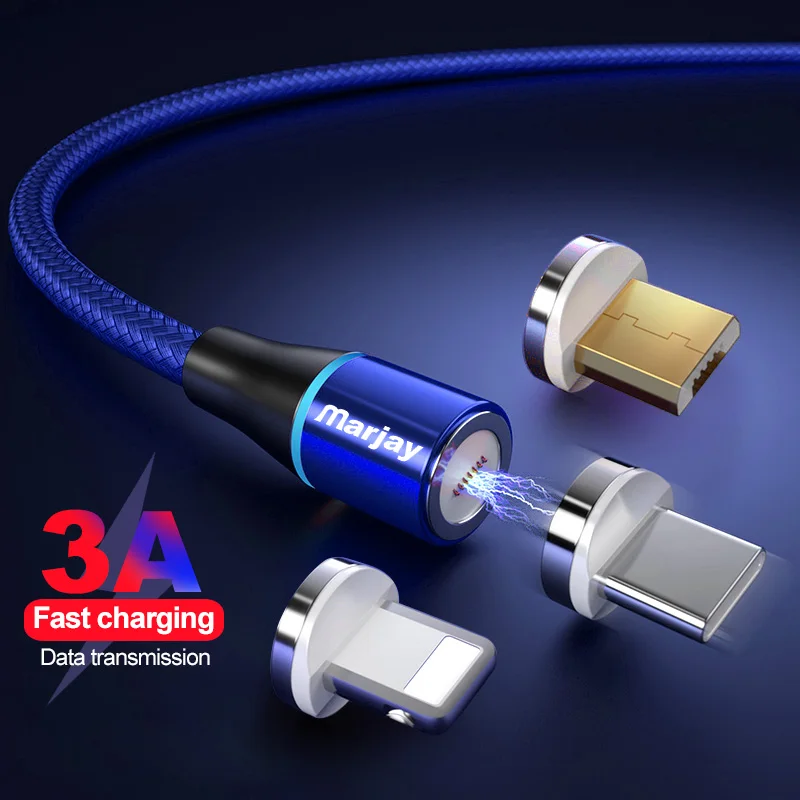 Marjay 3A магнитное зарядное устройство 2 м Micro Usb кабель для iphone Usb type C Быстрая Зарядка адаптер магнит зарядное устройство провод для samsung Xiaomi