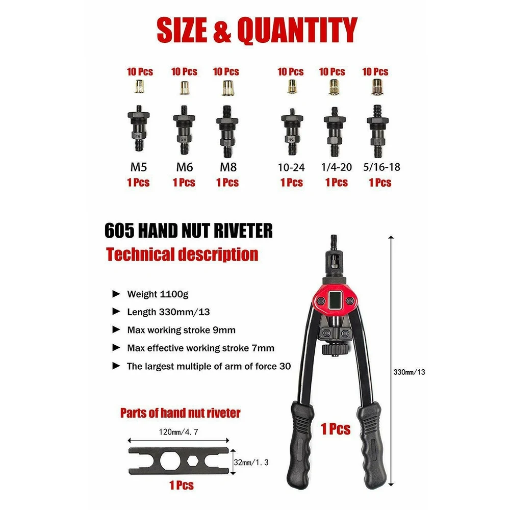 

Hand Riveter Kit Multi-function Wrench Interchangeable Mandrel 60pcs Rivet Nuts M5 M6 M8 SAE10-24 1/4-20 5/16-18 Nuts Supplies