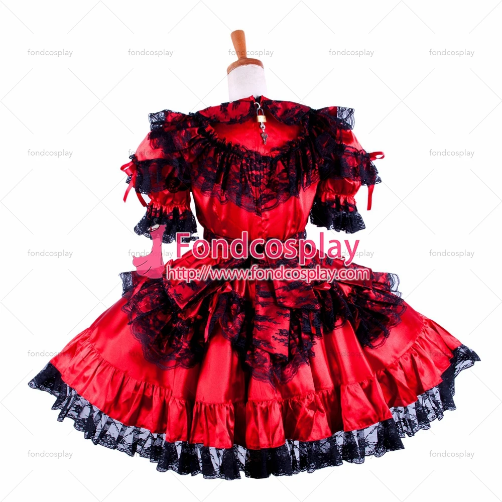 fondcosplay adult sexy cross dressing sissy maid short lockable red Satin dress Uniform costume Tailor-made[G1590] |