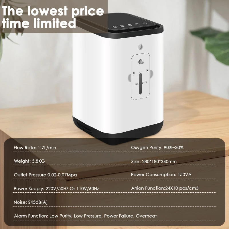 

AUPORO 2021 Inventory Portable Oxygen Concentrator Machine 1-7L/min Adjustable Oxygen Machine Air Purifier for Home Car