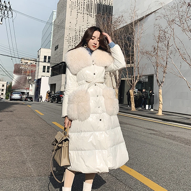 Белый большой меховой воротник Яркий пуховик Женское пальто куртка новинка 2020