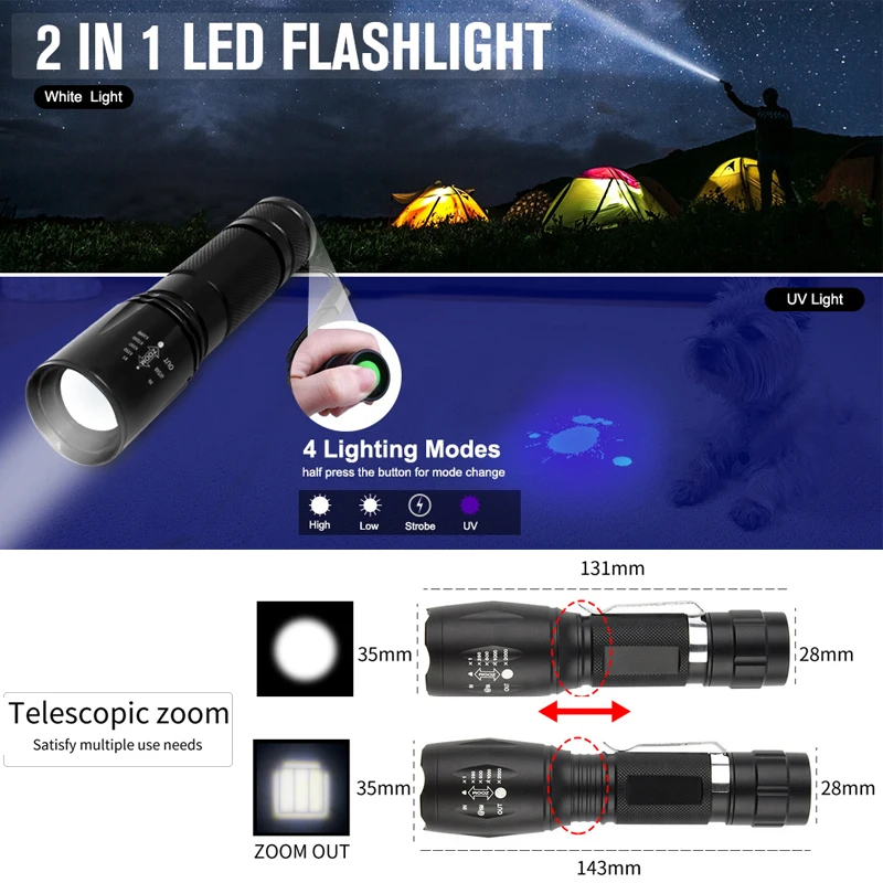 Portable UV LED Flashlight 2 in 1 Purple White Light Black Ultraviolet Torch Room Urine Detector | Освещение