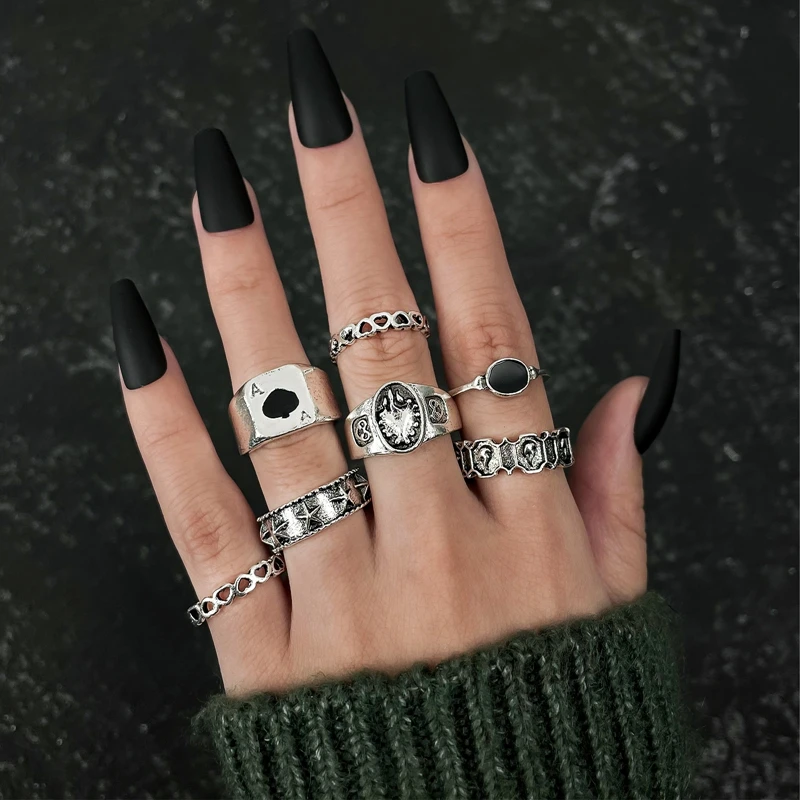 5/7pcs Vintage poker Rings for Women Men Gothic Silver Color Exaggerated Metal Alloy Finger Ring Sets Jewelry