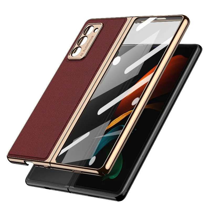 for samsung galaxy z fold 2 5g leather plating edge glass hard cover for galaxy z fold 2 w21 double side full protection case free global shipping