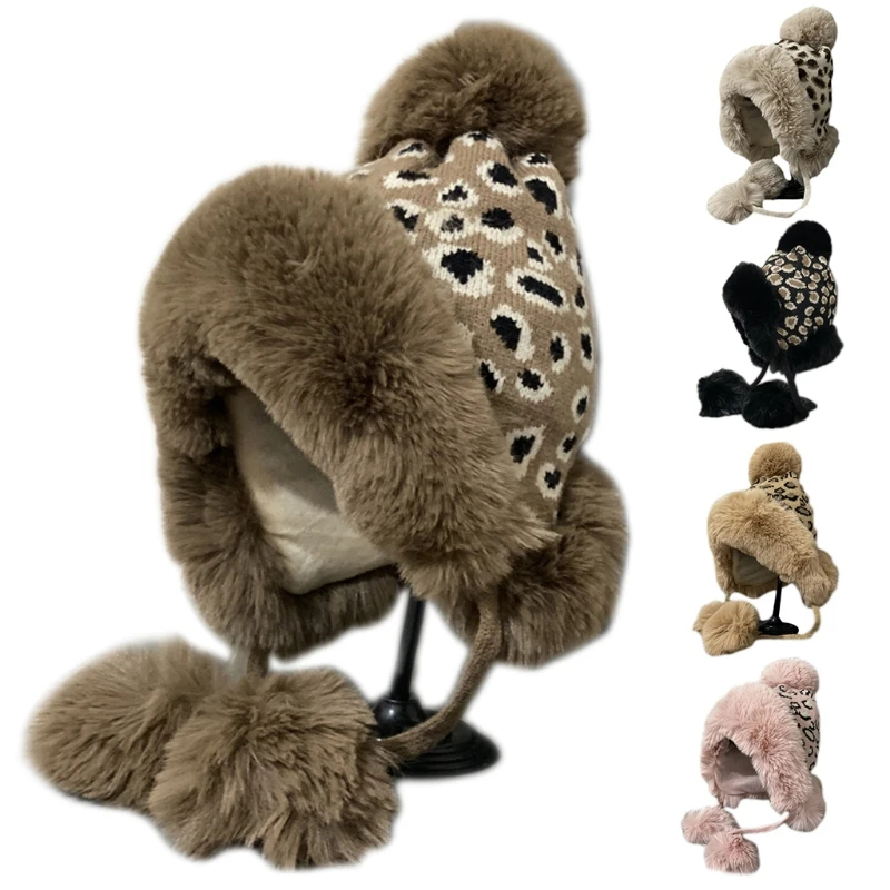 

Fashion Personality Northeast Warm Hat Leopard Print Beanie Knit Wool Hat Windproof for Women Girl Autumn Winter G5AE