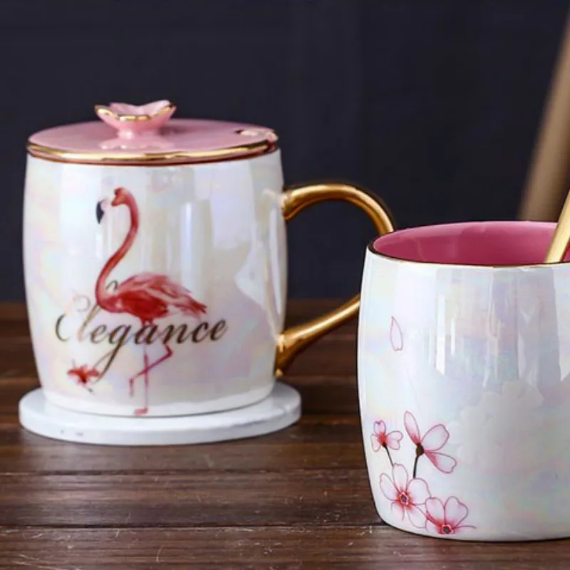 Креативная кружка с изображением фламинго керамическая позолоченная милая пара