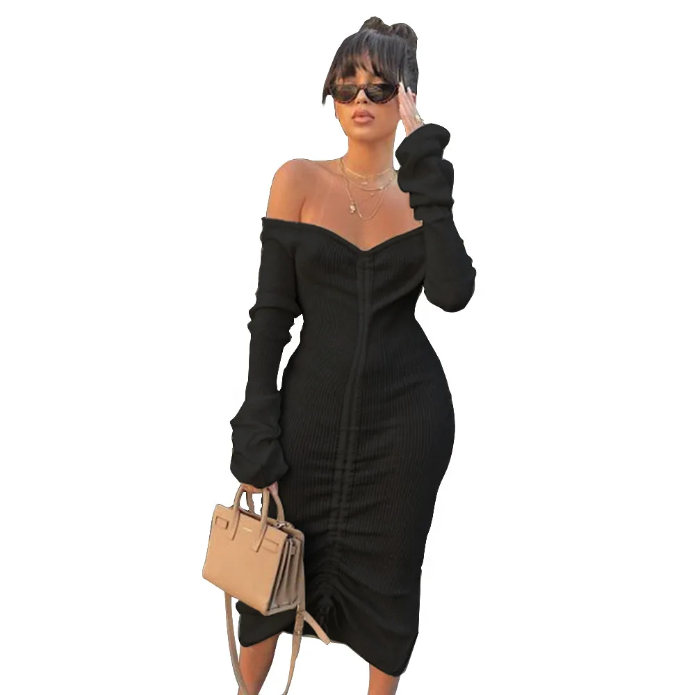 

Long Sleeve Mid-Length Bodycon Dress Women Elegant Solid Color Drawstring Autumn Winter New Fashion Strapless Club Sexy Dresses