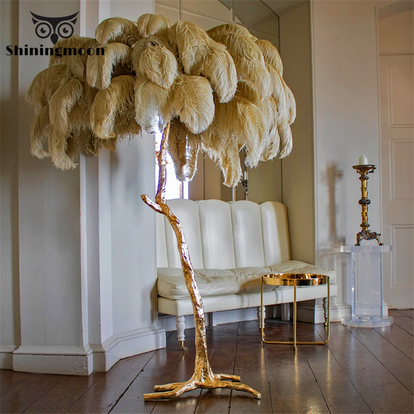 

Modern Luxury Ostrich Feather Gold Floor Lamp Copper Brass Resin Living Room Bedroom Standing Lamp Villa Tripot Hotel Lighting