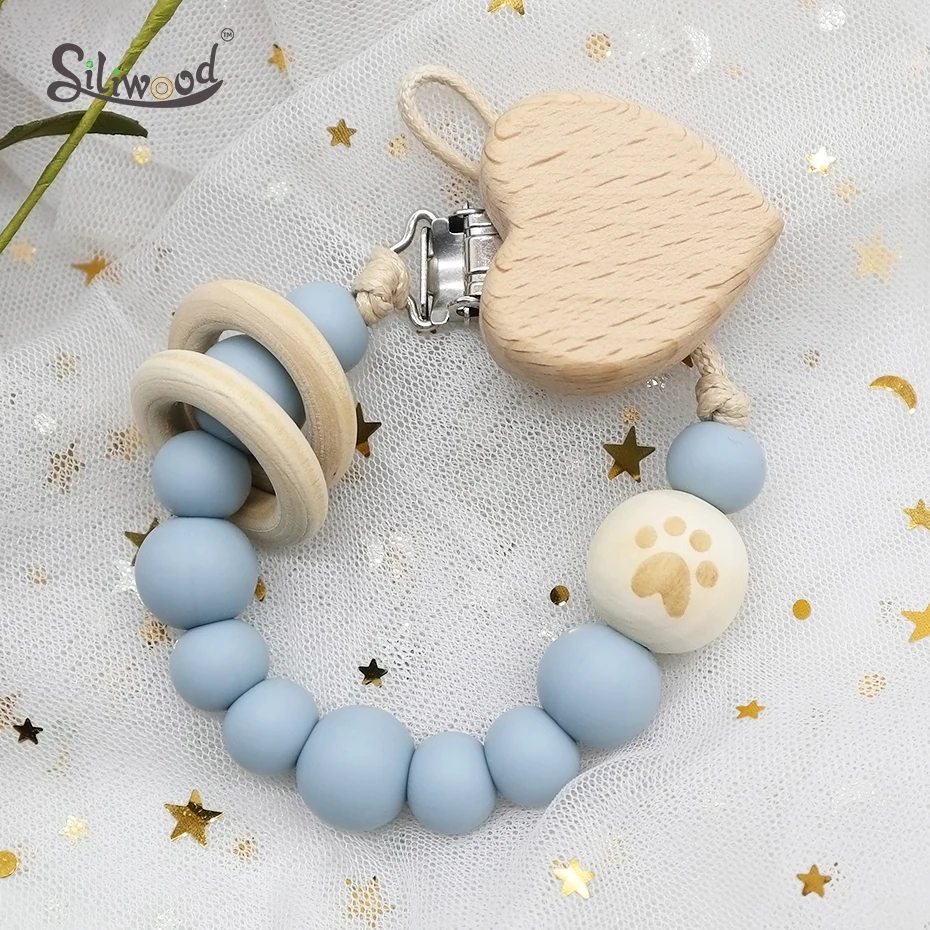 Clips de coraz&oacute;n para chupete, cadena de madera, anillo de cuentas de silicona sin BPA, soporte para chupete, cadenas para chupete, juguetes para dentici&oacute;n de beb&eacute;, Clips para pezones-2