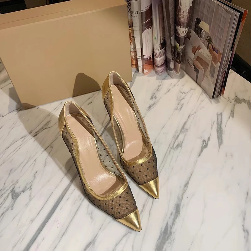 

2021 summer women top quality Imported mesh spot stitching leather breathable hollow nightclub heels 10.5cm