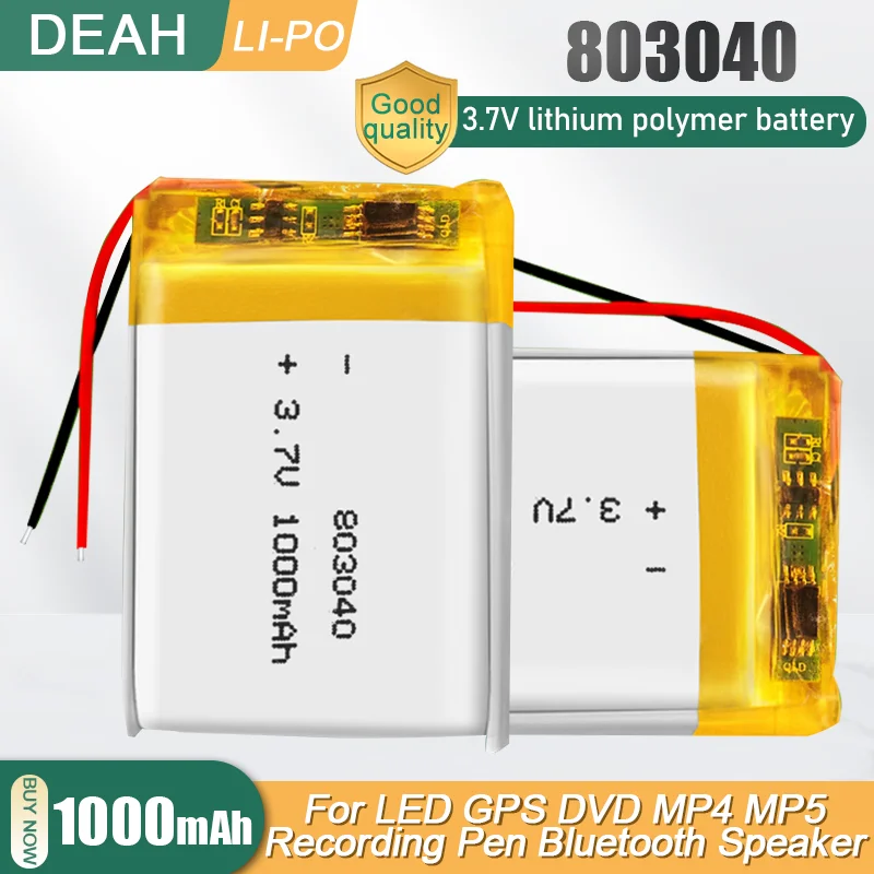 803040 1000mAh 3 7 V литиевая полимерная аккумуляторная батарея для MP3 GPS LED Lights DVR PDA Toys