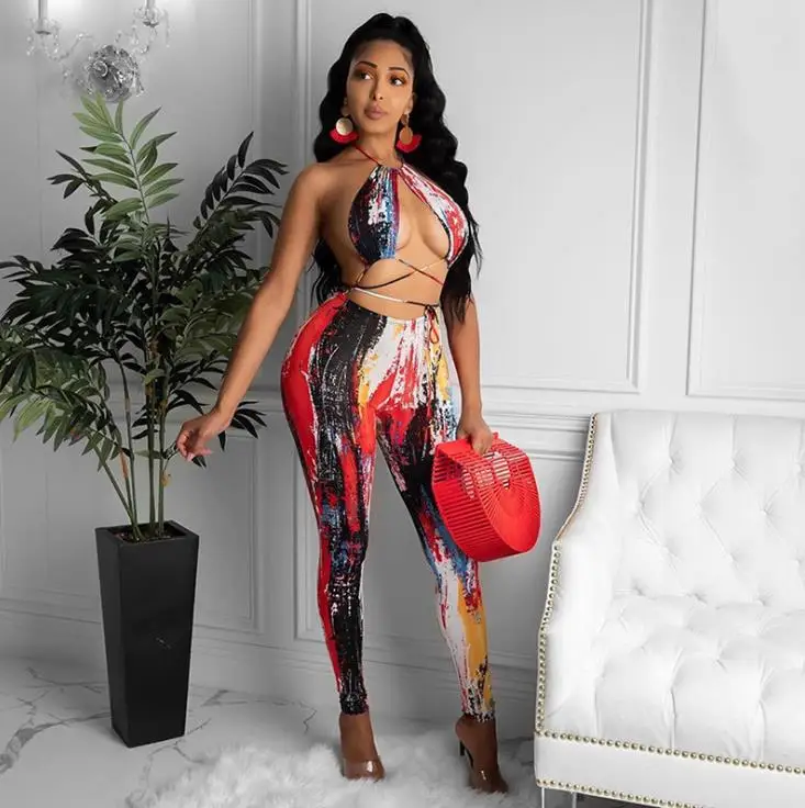 

Sleeveless Skinny Summer Rompers Womens Jumpsuit Sexy Bandage Halter Jumpsuit Women Printed Fashion Hollow Out Clubwear Overalls
