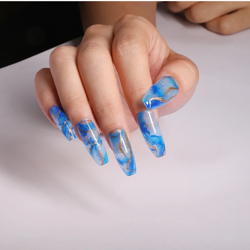

Синие чернила, золотая нить, Длинные накладные ногти Presson Fakenails SM18210545