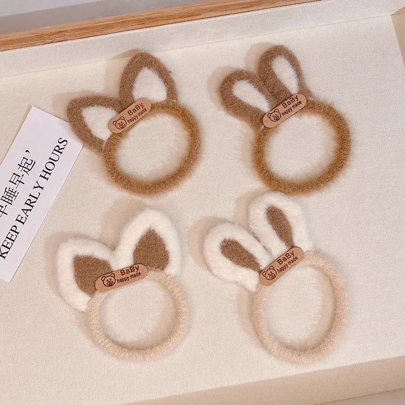 

Korean Milk Tea Color Plush Knitted Rabbit Ears Little Bear Elastic Hair Band For Girl Circle Simple Cartoon Rubber Hair Rope