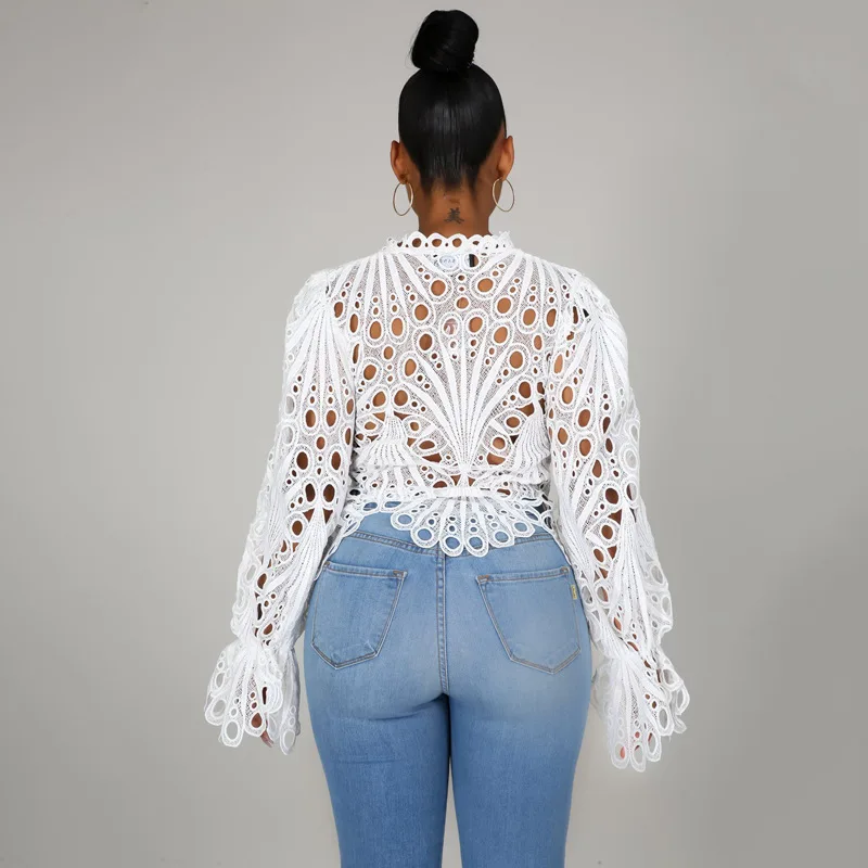 

2021 Summer Women Hollow Out Lace Shirt African Blouse Women Long Sleeve Plus Size Shirt Sexy Night Party Tops Ladies Clothes