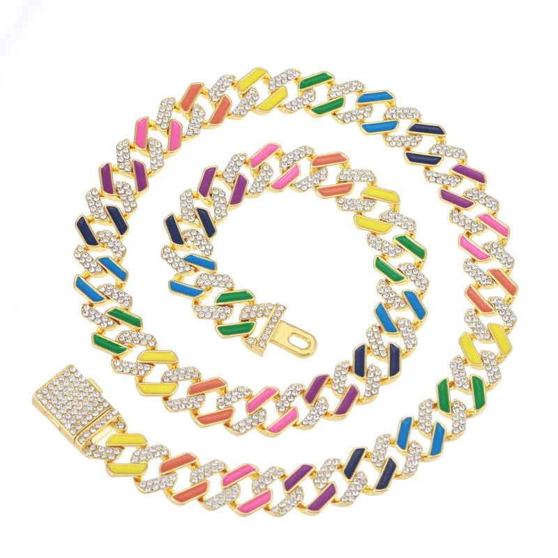 

12mm Iced Out Cuban Necklace Link Chain For Women Crystal Chain Neon Colorful Enamel Choker Necklace Rainbow CZ Bracelet Jewelry