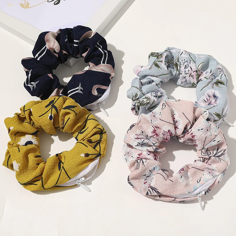 

2020 New Novelty Designs Zipper Velvet Scrunchies Women Creative Hairbands Brand Quality Pocket Scrunches for Girls Headdress