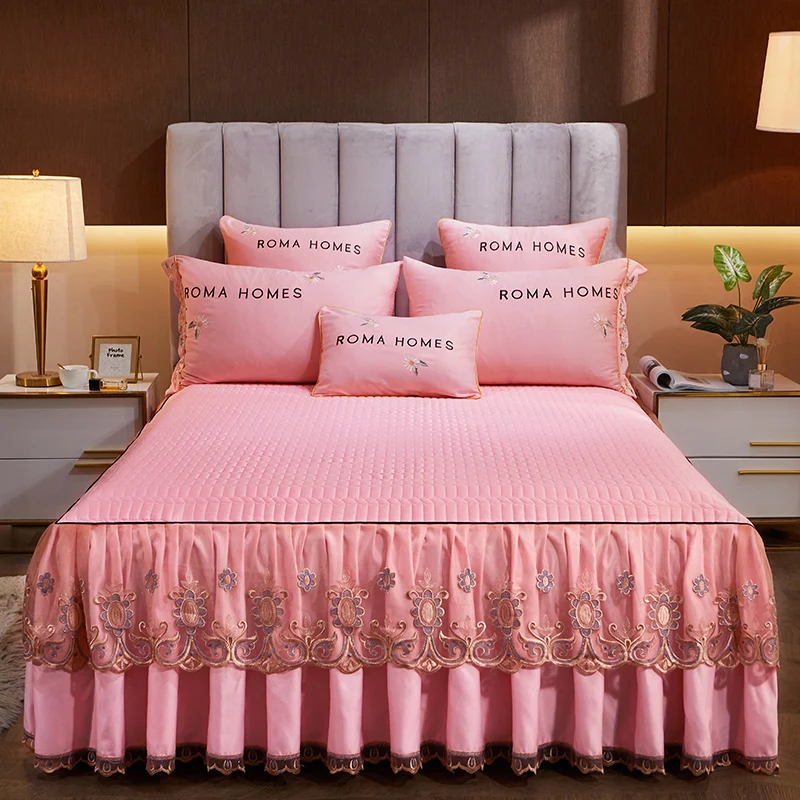 

3pcs Luxury European Lace Bed Skirt Satin Artificial Silk Quilted Bed Sheet Mattress Cover Full King Queen Home Decor Textile