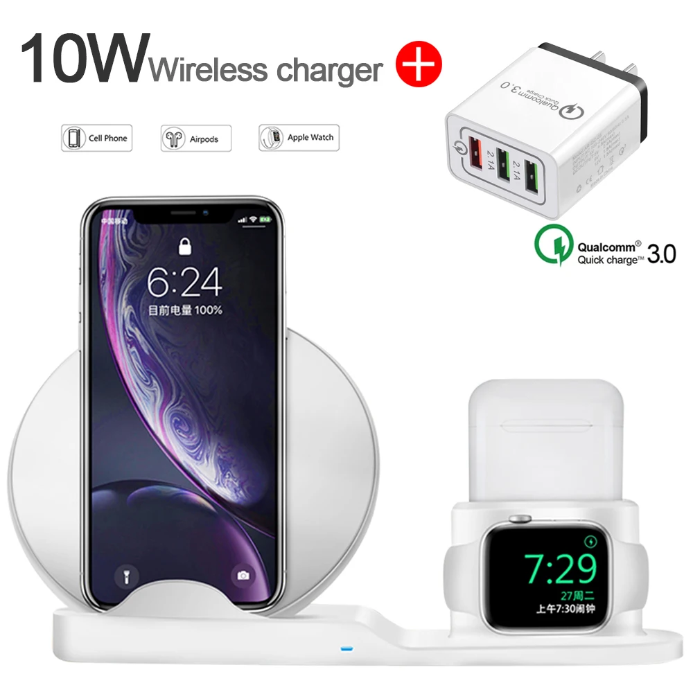 White US Plug 3 в 1 лучшая Беспроводная подставка для зарядного устройства для iPhone 11 Pro Max 8 AirPods Watch Series 4/3 QC3.0 быстрое зарядное устройство для samsung huawei Xiaomi - Цвет: White US Plug