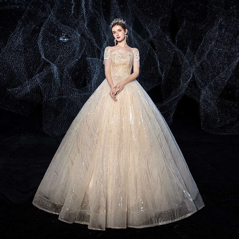 Wedding Dress New Luxury Short Sleeve Lace Up Ball Gown Princess Bling Bling Lace Wedding Dresses Plus Size