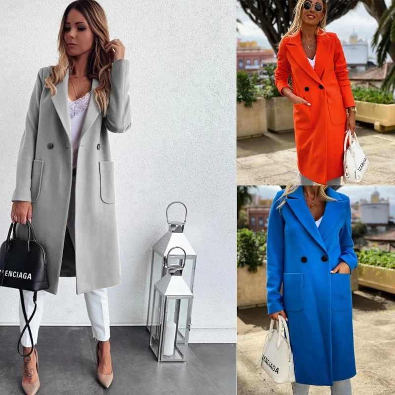 

Women Autumn Long Sleeves Tailored Collar Wool Jacket Double-breasted Coat X3UE