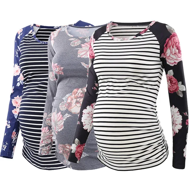 3 pieces as pic Комплект из 3 предметов, Женская туника для беременных, топы с длинными рукавами и оборками сбоку, Футболка для беременных, Одежда для беременных мам, топ с круглым вырезом - Цвет: 3 pieces as pic